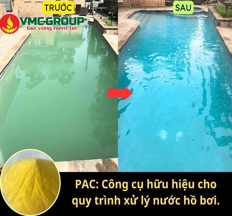 hồ bơi trước và sau khi sử dụng chất trợ lắng PAC
